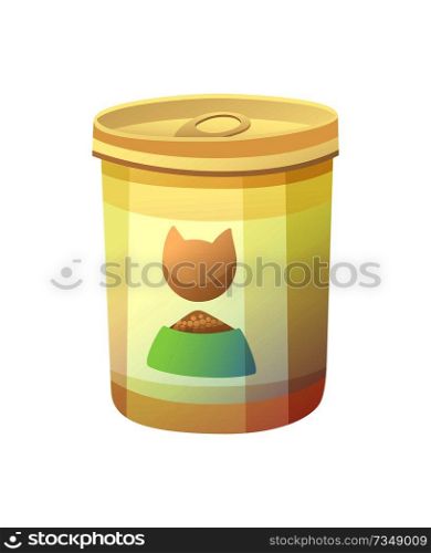 Bottle can with cat image head represented on label of metal, can with meal for domestic pet vector illustration isolated on white background. Bottle Can with Cat Image Vector Illustration