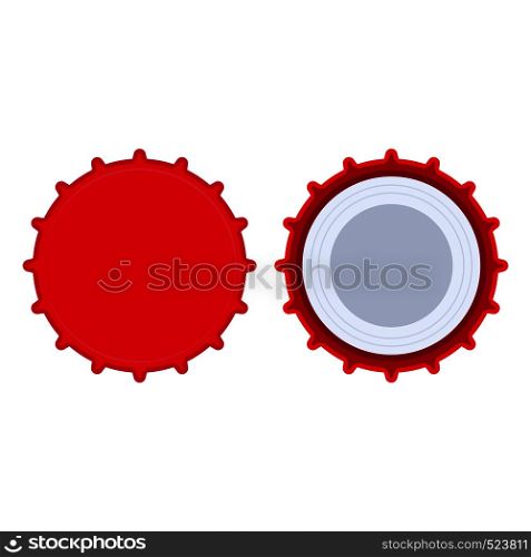 Bottle cap red liquid object set clean template. Beer circle pictogram flat vector icon top view. Metal badge soda