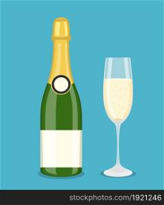Bottle champagne and glasses. Happy new year decoration. Merry christmas holiday. New year and xmas celebration. Vector illustration flat style .. Bottle champagne and glasses