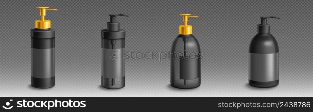 Bottle for liquid soap or lotion 3d vector mockup. Isolated black plastic packages with gold dispenser for bath or toilet. Antibacterial or antiseptic gel airless pump containers, Realistic mock up. Bottle for liquid soap or lotion 3d vector mockup
