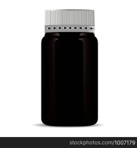 Bottle for medical products, pills, drugs, ointment and cream. Amber glass pharmaceutical mockup with white cap for capsules. Vector illustration.. Bottle for medical products, pill, drug, ointment