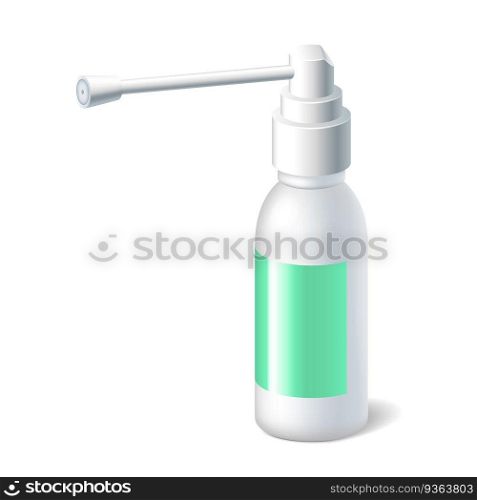 Bottle for medical throat spray mockup. Realistic aerosol medication container white with empty label isolated. Oral sprayer medicine packaging 3d. Vector illustration. Bottle for medical throat spray mockup. Realistic aerosol medication container