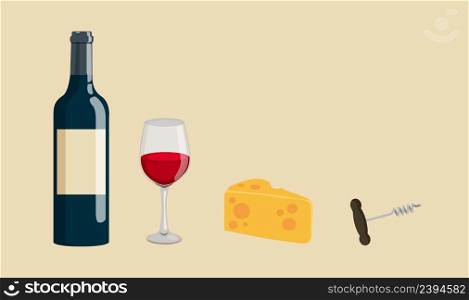 Bottle, glass of wine cheese and Corkscrew. Stock 4k vector. Bottle, glass of wine cheese and Corkscrew. Stock vector
