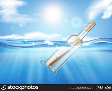 Bottle in wave realistic composition with shining sun on sky and sea with flowing glass bottle vector illustration
