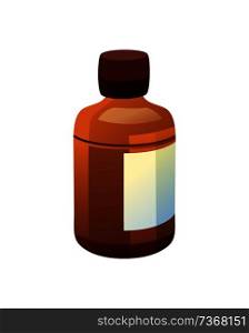 Bottle made of glass with empty label, medical remedy vitamins and food supplements for pets and domestic animals cure, vector illustration isolated. Bottle Made of Glass and Label Vector Illustration