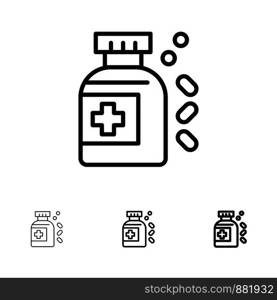 Bottle, Medicine, Tablet Bold and thin black line icon set