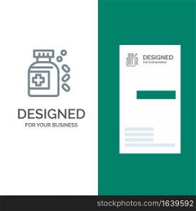 Bottle, Medicine, Tablet Grey Logo Design and Business Card Template
