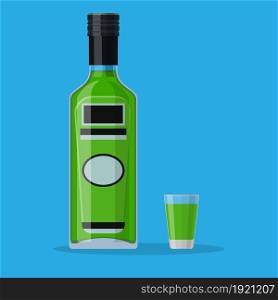 Bottle of absinthe with shot glass. Absinthe alcohol drink. Vector illustration in flat style. Bottle of absinthe with shot glass.