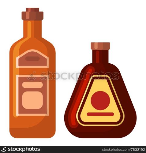 Bottle of alcohol drink, element of celebration party, toast symbol. Beverage cognac and wine or champagne and rum, pub object, entertainment. Vector illustration in flat cartoon style. Alcohol Beverage in Bottle, Celebration Vector