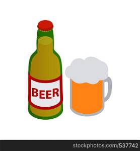 Bottle of beer and a full beer mug in isometric 3d style on a white background. Bottle of beer and a full beer mug