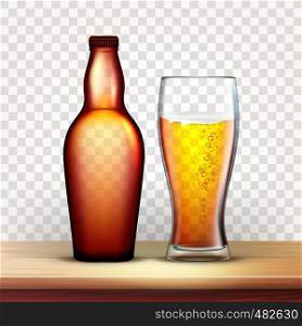 Bottle Of Beer And Glass With Frothy Drink Vector. Realistic Blank Brown Closed Flask And Bubble Light Beer On Wooden Shelf Image Isolated On Transparency Grid Background. 3d Illustration. Bottle Of Beer And Glass With Frothy Drink Vector
