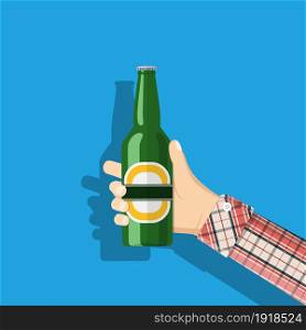 Bottle of beer in hand. Beer alcohol drink. Vector illustration in flat style. Bottle of beer in hand.