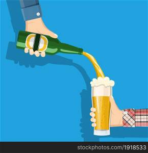 Bottle of beer with glass. Beer alcohol drink. Vector illustration in flat style. Bottle of beer with glass.