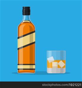 Bottle of bourbon whiskey and glass with ice. Whiskey alcohol drink. Vector illustration in flat style. Bottle of bourbon whiskey and glass with ice.