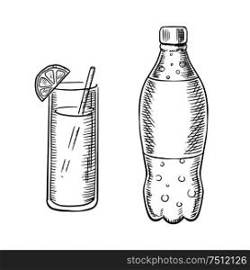 Bottle of carbonated soda with bubbles and cocktail glass with drinking straw and lemon slice, sketch. Bottle of soda with cocktail