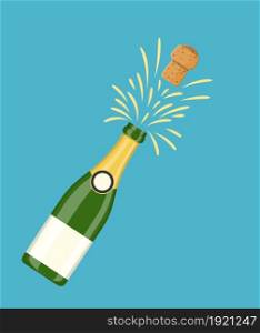 Bottle of champagne explosion, flying cork and spray. Vector illustration flat style .. Bottle of champagne explosion