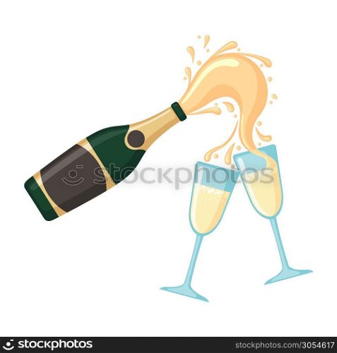 Bottle of champagne with glasses isolated on white background in flat style. Vector illustration.. Bottle of champagne with glasses.