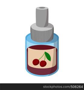 Bottle of cherry flavor for electronic cigarette icon in cartoon style on a white background. Bottle of cherry flavor for electronic cigarette