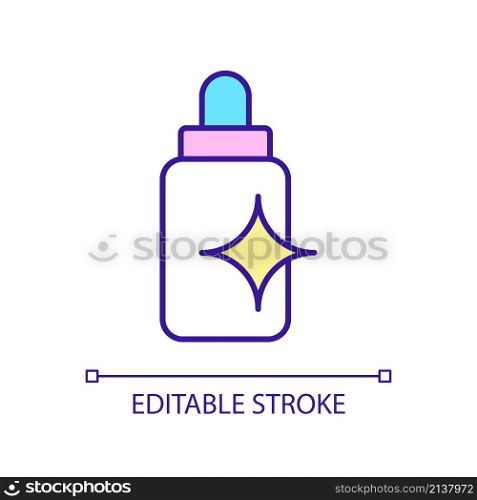 Bottle of cosmetic product RGB color icon. Cosmetological procedure. Skin health remedy. Skincare routine. Isolated vector illustration. Simple filled line drawing. Editable stroke. Arial font used. Bottle of cosmetic product RGB color icon
