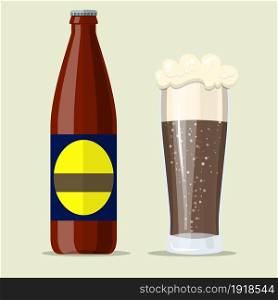 Bottle of dark stout beer with glass. Beer alcohol drink. Vector illustration in flat style. Bottle of dark stout beer with glass.