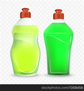 Bottle Of Dishwashing Detergent Liquid Set Vector. Blank Transparent Plastic Containers With Yellow And Green Soap Detergent For Wash Kitchen Utensil And Dishware. Template Realistic 3d Illustrations. Bottle Of Dishwashing Detergent Liquid Set Vector