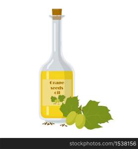 Bottle of essential oil made of grape seed. Label decorated with berries and leaves. Byproduct of winemaking cartoon vector illustration.