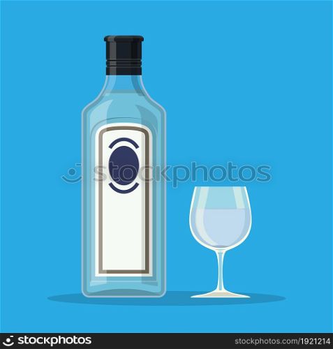 Bottle of gin with shot glass. Gin alcohol drink. Vector illustration in flat style. Bottle of gin with shot glass.