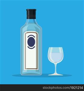 Bottle of gin with shot glass. Gin alcohol drink. Vector illustration in flat style. Bottle of gin with shot glass.