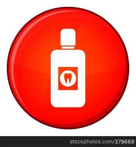 Bottle of green mouthwash icon in red circle isolated on white background vector illustration. Bottle of mouthwash icon, flat style