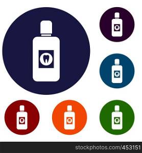 Bottle of green mouthwash icons set in flat circle reb, blue and green color for web. Bottle of mouthwash icons set