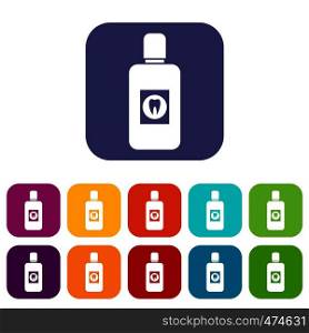 Bottle of green mouthwash icons set vector illustration in flat style In colors red, blue, green and other. Bottle of mouthwash icons set