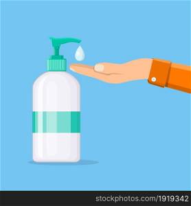 Bottle of liquid antibacterial soap with dispenser. Man washing hands. Moisturizing sanitizer. Disinfection, hygiene, skin care concept. Vector illustration in flat style. Bottle of liquid antibacterial soap