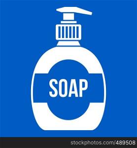 Bottle of liquid soap icon white isolated on blue background vector illustration. Bottle of liquid soap icon white