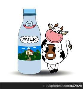 Bottle of milk and cute smile cow,isolated on white background, vector illustration. Bottle of milk and cute smile cow,isolated on white background,