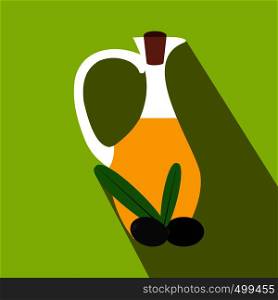 Bottle of olive oil icon in flat style on a green background. Bottle of olive oil icon, flat style