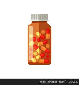 Bottle of pills and capsules for various illnesses. Flat illustration of pharmaceuticals.. Medical bottle of pills for various illnesses.
