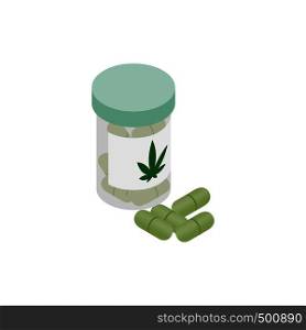 Bottle of pills medical marijuana icon in isometric 3d style on a white background. Bottle of pills medical marijuana icon