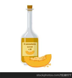 Bottle of pumpkin seed oil in cartoon style. Vegetable, seedsnear packaging template vector illustration.