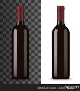 Bottle of red wine isolated on white and transparent. Vector alcohol drink in glass bottle without label, wine card. Burgundy or ruge beverage, chardonnay merlot sweet semi sweet vine, winery product. Red wine in glass bottle isolated winery drink