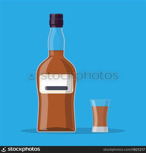 Bottle of rum and glass. Rum alcohol drink. vector illustration in flat style. Bottle of rum and glass.