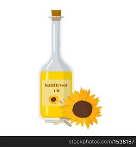 Bottle of sunflower oil with flower. Seeds near packaging template Vector illustration. Liquid used for cooking and frying vector illustration.