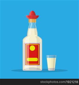 Bottle of tequila with shot glass. Tequila alcohol drink. Traditional Mexican drink. Vector illustration in flat style. Bottle of tequila with shot glass.