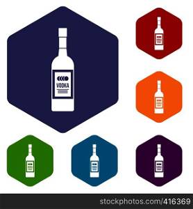 Bottle of vodka icons set rhombus in different colors isolated on white background. Bottle of vodka icons set
