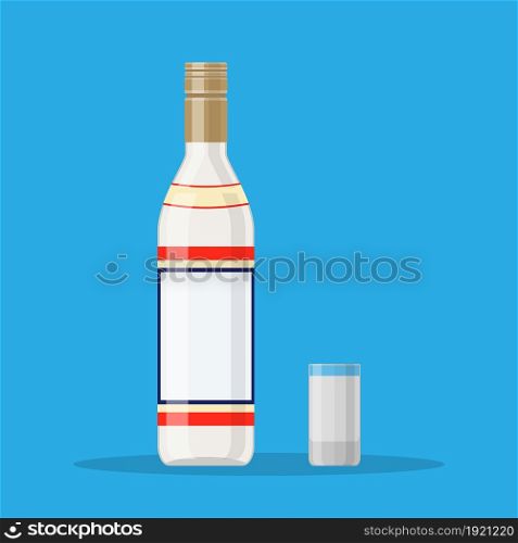 Bottle of vodka with shot glass. Vodka alcohol drink. vector illustration in flat style. Bottle of vodka with shot glass.