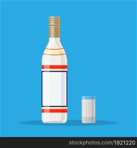 Bottle of vodka with shot glass. Vodka alcohol drink. vector illustration in flat style. Bottle of vodka with shot glass.