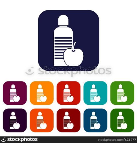 Bottle of water and apple icons set vector illustration in flat style In colors red, blue, green and other. Bottle of water and apple icons set