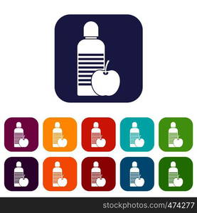 Bottle of water and apple icons set vector illustration in flat style In colors red, blue, green and other. Bottle of water and apple icons set