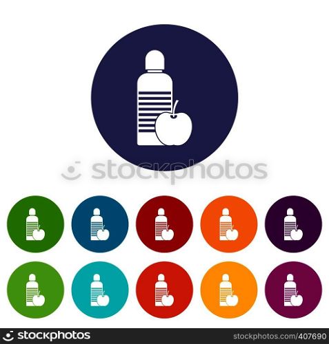 Bottle of water and apple set icons in different colors isolated on white background. Bottle of water and apple set icons