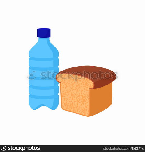 Bottle of water and bread icon in cartoon style on a white background. Bottle of water and bread icon, cartoon style