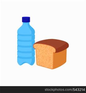 Bottle of water and bread icon in cartoon style on a white background. Bottle of water and bread icon, cartoon style